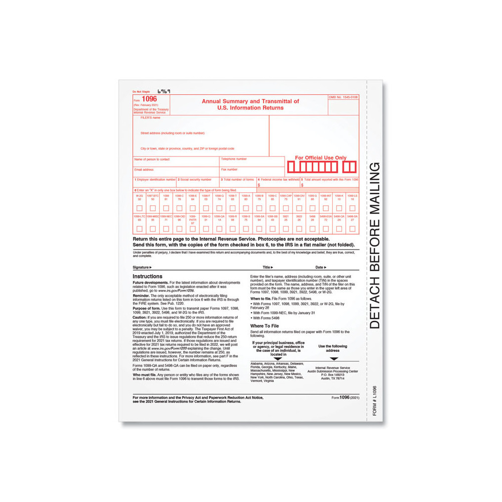 1096 Tax Form For Inkjet Laser Printers Fiscal Year 2023 One Par